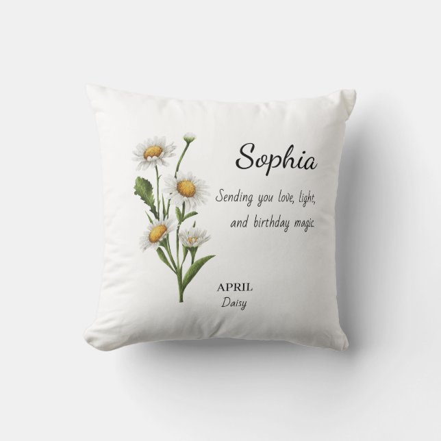 April Daisy Personalized Birthday Throw Pillow (Front)