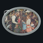 April Fool, 1948 Belt Buckle<br><div class="desc">Artist: Norman Rockwell | The last in a series of 3 painted by Norman Rockwell in honour of April Fool's Day. This is more than a couple a little girl visiting an antique shop. Can you find the many comical errors in the illustration?</div>