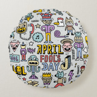 April fools day funny doodle colourful set 1. Vint Round Pillow