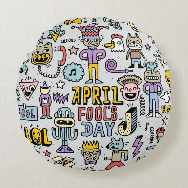 April fools day funny doodle colourful set 1. Vint Round Pillow (Front)