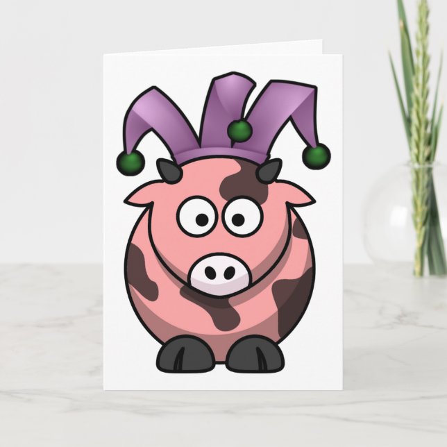 April Fool's Day Pink Cow Jester Card (Front)