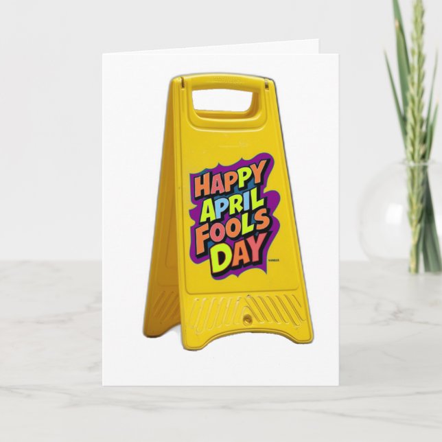 April fools day yellow plastic sign text colourful card (Front)