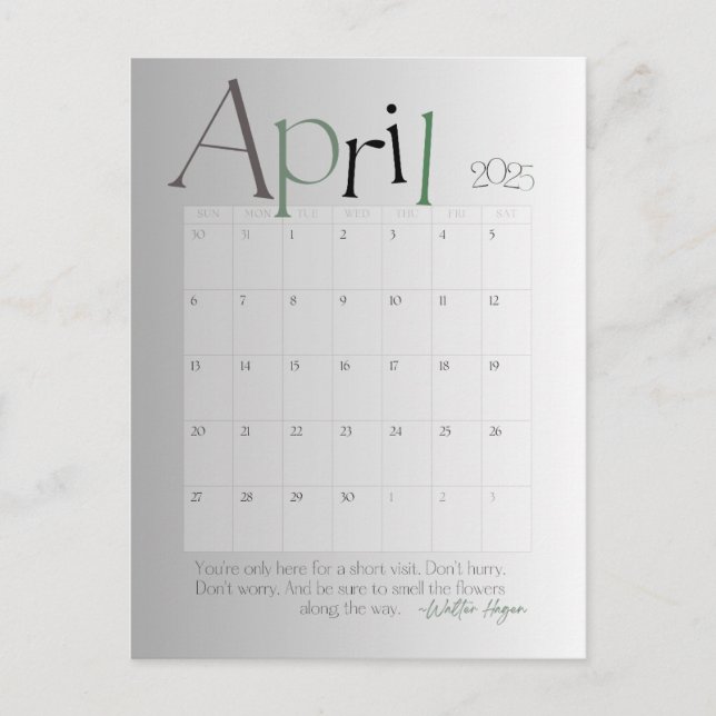 April Grey Modern Monthly Calendar 2025 Postcard (Front)