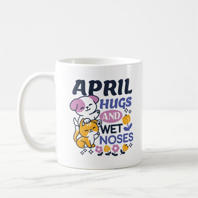 April Hugs and Wet Noses – Cute Dog and Cat Art Coffee Mug (Left)