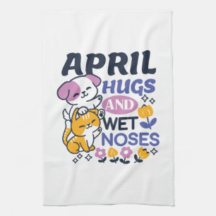 April Hugs and Wet Noses – Cute Dog and Cat Art Kitchen Towel
