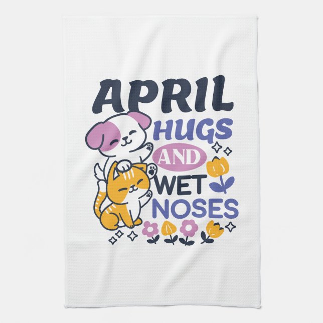 April Hugs and Wet Noses – Cute Dog and Cat Art Kitchen Towel (Vertical)