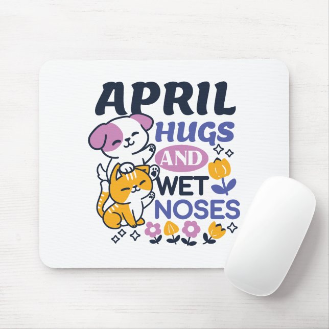 April Hugs and Wet Noses – Cute Dog and Cat Art Mouse Pad (With Mouse)