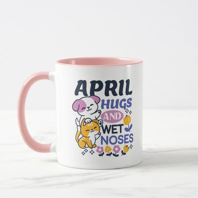 April Hugs and Wet Noses – Cute Dog and Cat Art Mug (Left)