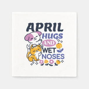 April Hugs and Wet Noses – Cute Dog and Cat Art Napkin