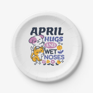 April Hugs and Wet Noses – Cute Dog and Cat Art Paper Plate