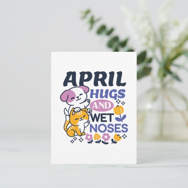 April Hugs and Wet Noses – Cute Dog and Cat Art Postcard (Standing Front)