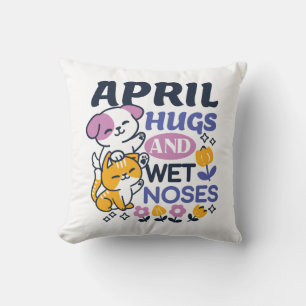 April Hugs and Wet Noses – Cute Dog and Cat Art Throw Pillow