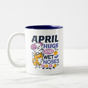 April Hugs and Wet Noses – Cute Dog and Cat Art Two-Tone Coffee Mug