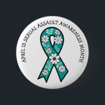 April is Sexual Assault Awareness Month | Teal 2 Inch Round Button<br><div class="desc">A teal ribbon with white and black flowers sexual assault awareness ribbon to ear in April.</div>