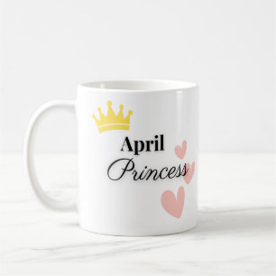 April Princess Mug – Gold Crown & Hearts Design