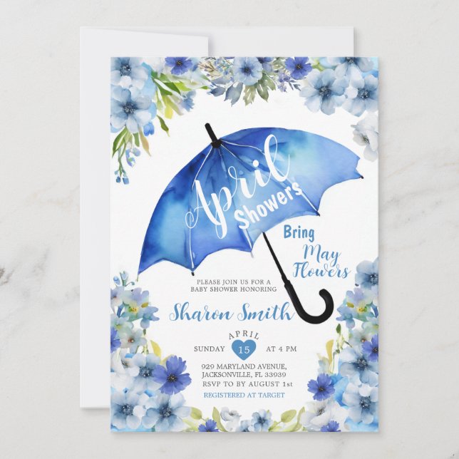 April Showers Bring May Flowers Blue Umbrella Invitation (Front)