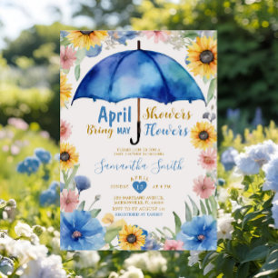 April Showers Bring May Flowers Blue Umbrella Invitation