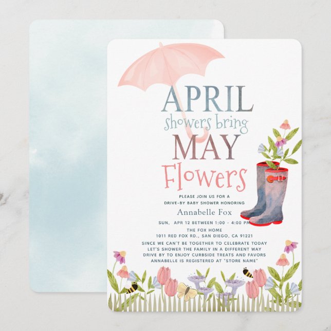 April Showers Bring May Flowers Drive-by Shower Invitation (Front/Back)
