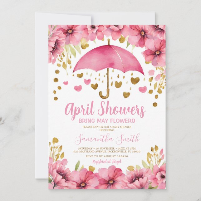 April Showers Bring May Flowers Pink Umbrella Invitation (Front)