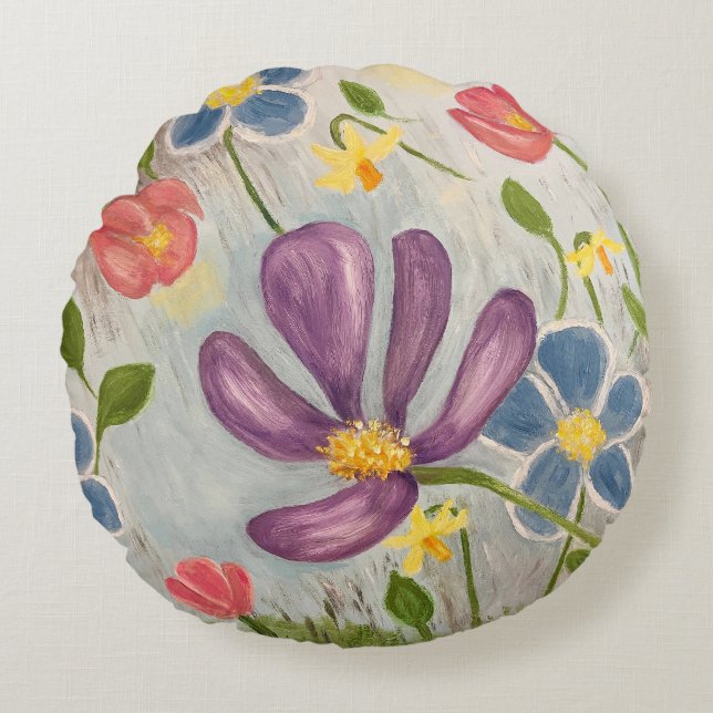 April Showers. Colourful, Abstract Floral Round Pillow (Front)
