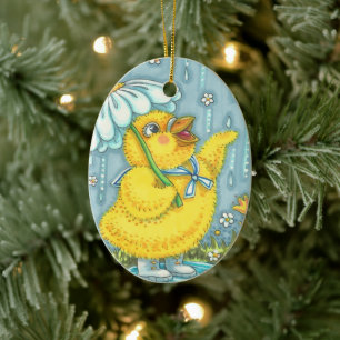 APRIL SHOWERS CUTE BABY CHICK & SPRING FLOWER CERAMIC ORNAMENT