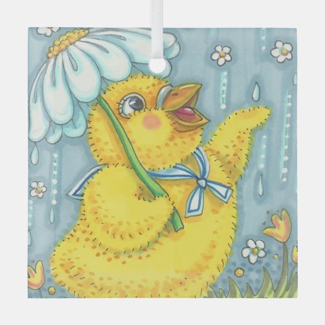 APRIL SHOWERS CUTE BABY CHICK & SPRING FLOWER GLASS ORNAMENT (Front)