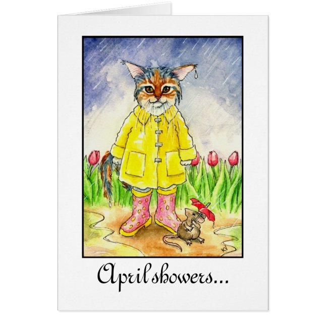 April Showers wet cat in rainstorm card (Front)