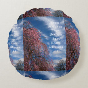 April Sky with Philippians 4:4 Round Pillow