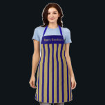 Apron Blue and Gold Stripe Happy Hanukkah<br><div class="desc">This apron is shown as is in a bold blue and gold-colour stripe print. Text of Happy Hanukkah in gold-colour at top.
Colour: blue / Gold
 Straps: blue

Customize this item or buy as is. You can choose another strap colour.




Stock Image</div>