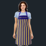 Apron Blue and Gold Stripe Happy Hanukkah<br><div class="desc">This apron is shown as is in a bold blue and gold-colour stripe print. Text of Happy Hanukkah in gold-colour at top.
Colour: blue / Gold
 Straps: blue

Customize this item or buy as is. You can choose another strap colour.




Stock Image</div>