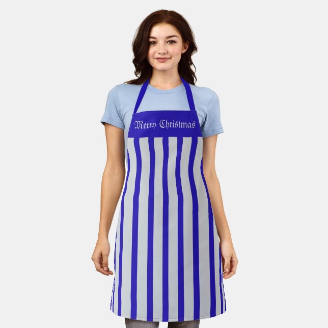 Apron Cafe Blue and Silver Stripe Merry Christmas (Worn)