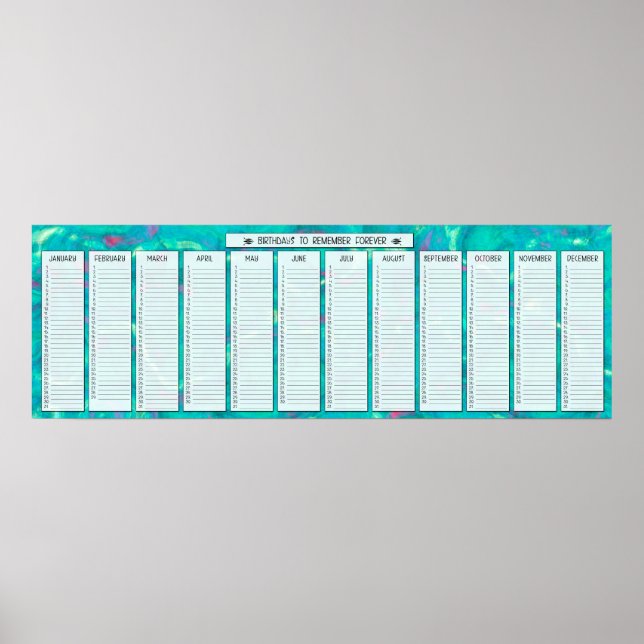 Aqua Abstract Perpetual Birthday Calendar Poster (Front)
