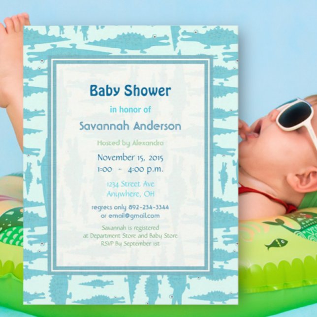 Aqua Alligator Pattern Baby Boy Shower Invitations (Creator Uploaded)