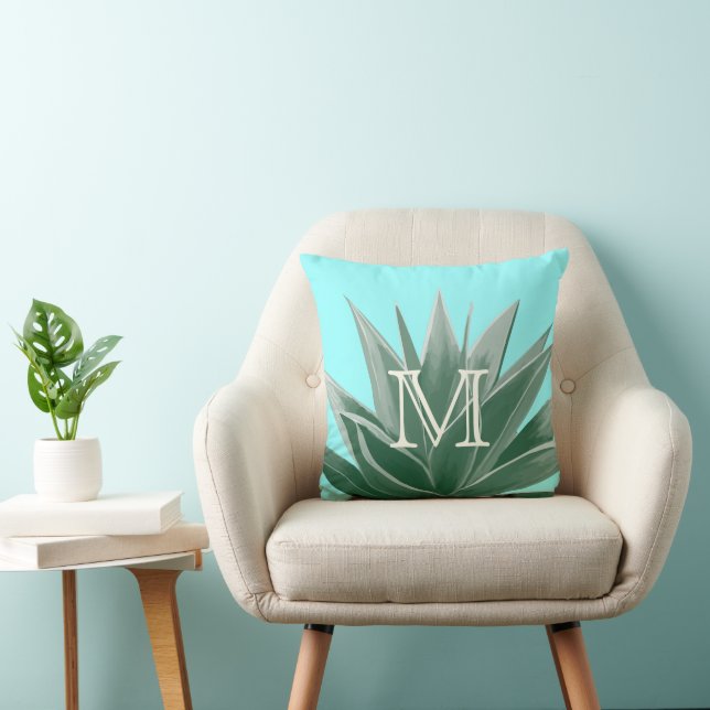 Aqua Aloe Succulent Ivory Monogram Modern Pillow (Chair)
