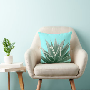 Aqua Aloe Succulent Ivory Monogram Modern Pillow
