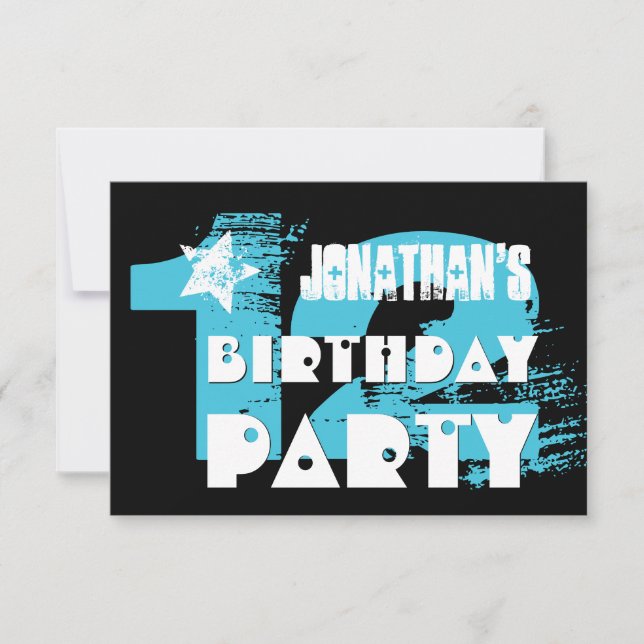 AQUA and BLACK 12th Birthday Grunge Party Invitation (Front)