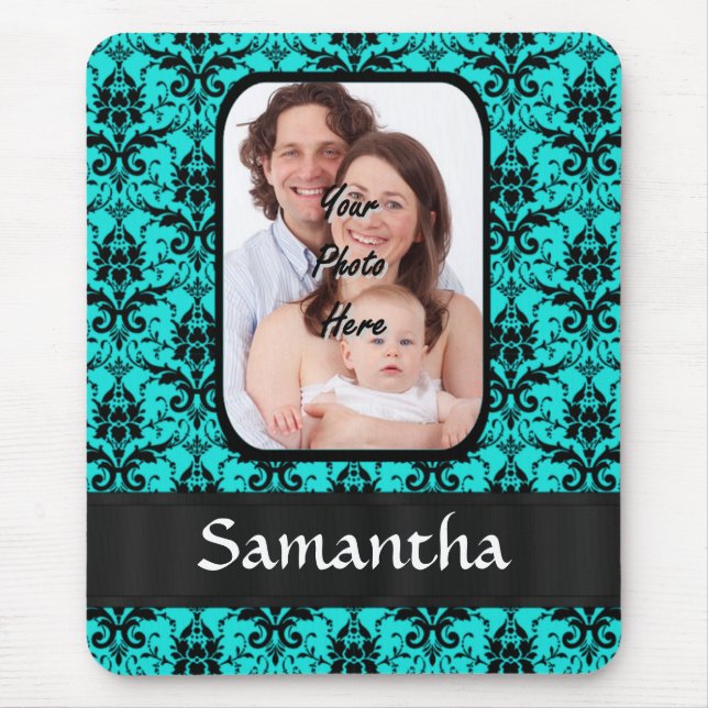 Aqua and black damask mouse pad (Front)