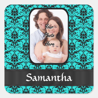 Aqua and black damask square sticker