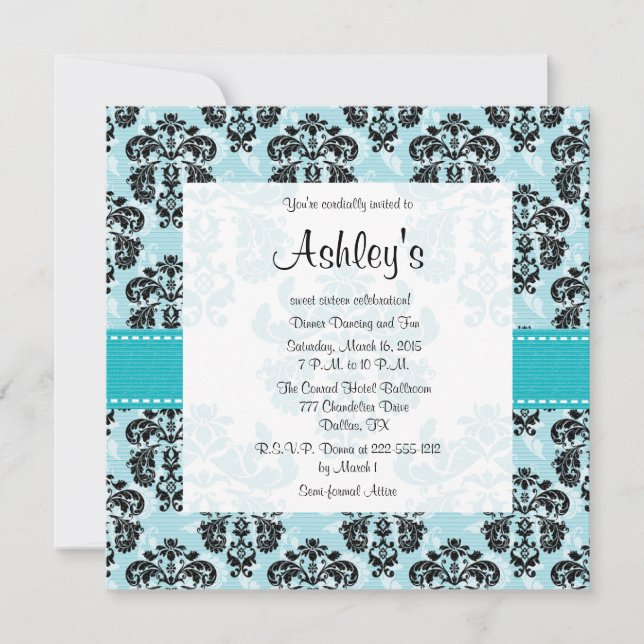 Aqua and Black Damask Sweet Sixteen Invitations (Front)