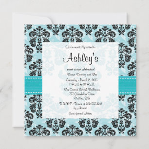 Aqua and Black Damask Sweet Sixteen Invitations