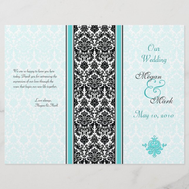 Aqua and Black Damask Wedding Program (Front)