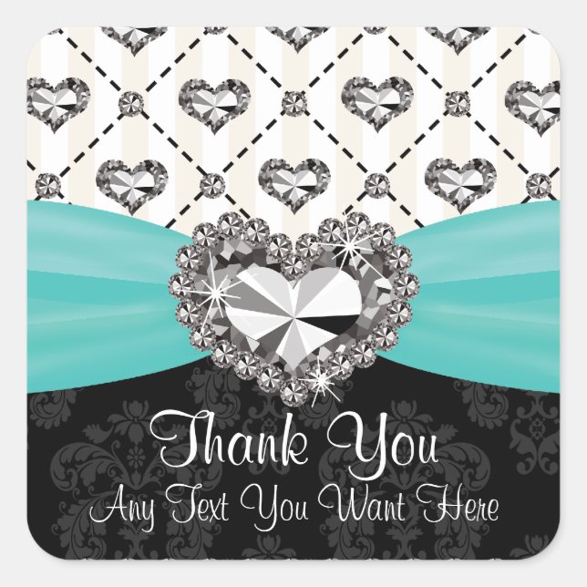 Aqua and Black Diamond Heart Thank You Labels (Front)