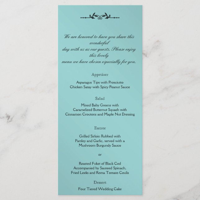 Aqua and Black Elegant Wedding Menu (Front)