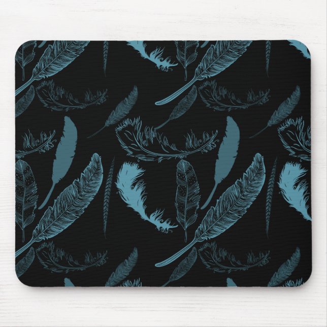 Aqua and Black Feathers Mouse Pad (Front)