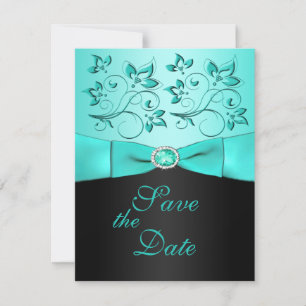 Aqua and Black Floral II Save the Date Card