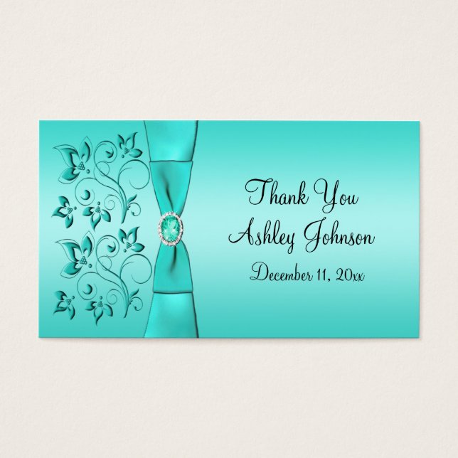 Aqua and Black Floral Party Favour Tag (Front)