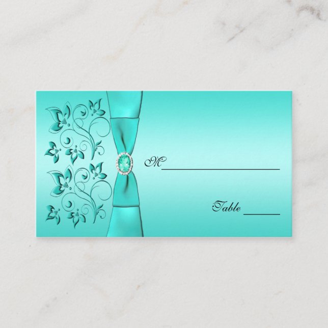 Aqua and Black Floral Placecards (Front)