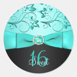 Aqua and Black Floral Sweet Sixteen Sticker