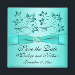 Aqua and Black Floral Wedding Favour Magnet<br><div class="desc">This aqua blue and black floral save the date magnet has a PRINTED ribbon and a PRINTED jewel buckle on it that matches the wedding invitation shown below. ****If you change the shape and/or size of the magnet, or if you change the fonts, or the size of the font, some...</div>