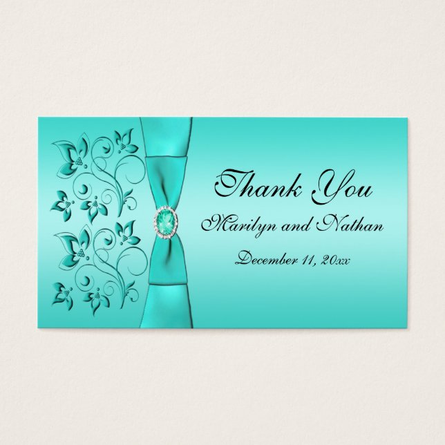 Aqua and Black Floral Wedding Favour Tag (Front)